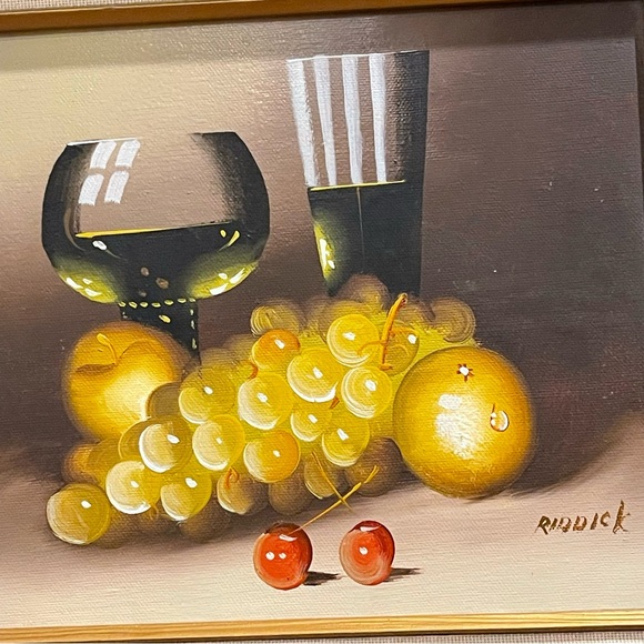 Beautiful Framed Oil Painting Wine & Fruit Still Life Signed Riddick 15x13 - Picture 4 of 13